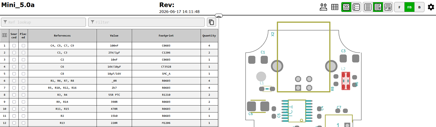 Interactive HTML BOM example with component list and PCB placement view